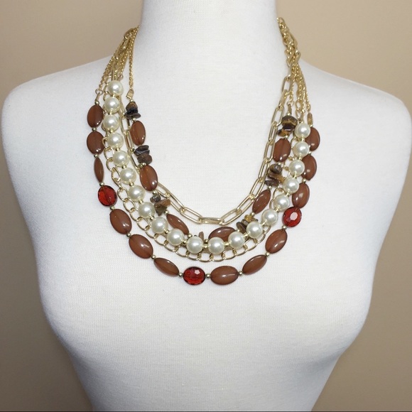 Layered Brown Bead Pearl Chain Necklace Set - Picture 3 of 3